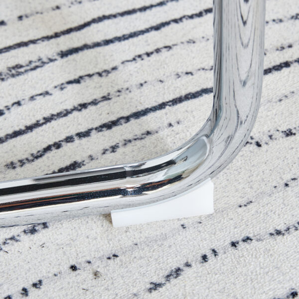 7399d15564554a21817f81d2b8dd3748_43f22e379c558c9b82f1f90d74cc68c4 Table and chair set.Modern Luxurious white Marble-Patterned Tempered Glass Dining Table with 6 Chairs.Single fork silver metal table legs.White high-quality PU dining chairs with silver metal legs.