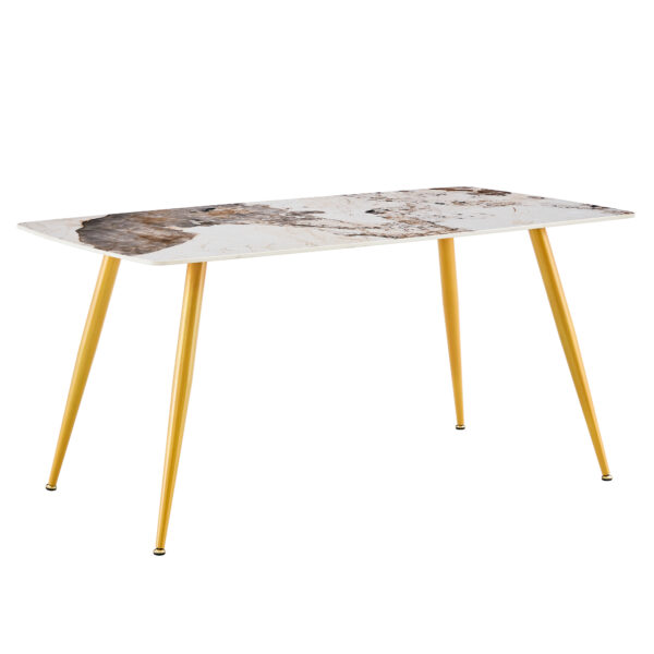 73a5afe953264ba38eb451af18b26fc5_659a31b4580f4c4ccdfef2b002265011 Modern minimalist dining table. White imitation marble pattern SINTERED STONE desktop with golden metal legs.62.2"*34.6"*30" F-001