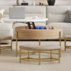 Modern Round Lift-Top Coffee Table with Storage & 3 Ottoman White & Natural