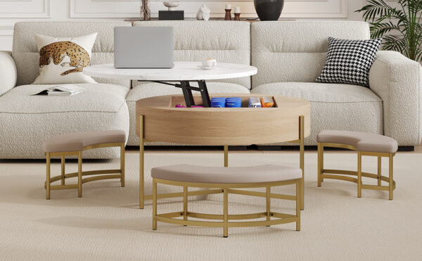 Modern Round Lift-Top Coffee Table with Storage & 3 Ottoman White & Natural
