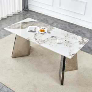 63"x31.5x30" Pandora Patterned Rock Slab Dining Table with Silver Stainless Steel Butterfly Legs.The tabletop is designed to be scratch and heat resistant.Slabs Tabletop,Stainless Steels Legs.