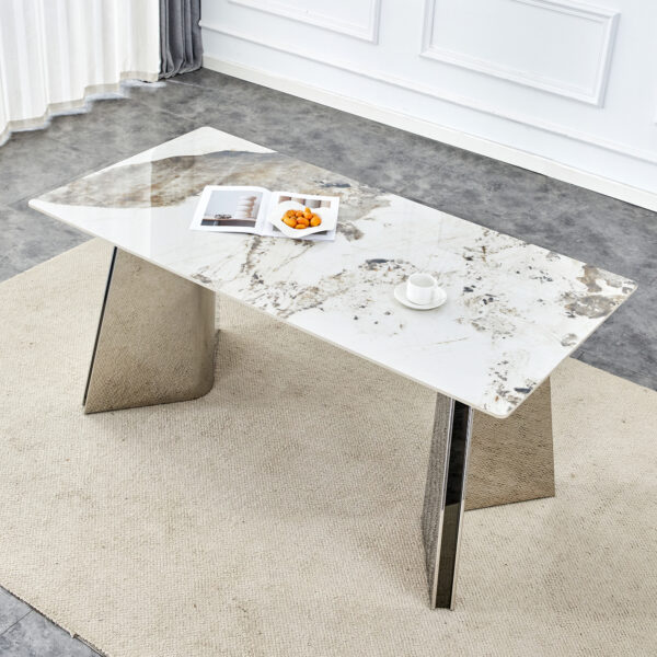 73ccc4ff1cc64434adb338ac2e01aa74_8683ff3fe2056a1a460bb01366b1ce31 63"x31.5x30" Pandora Patterned Rock Slab Dining Table with Silver Stainless Steel Butterfly Legs.The tabletop is designed to be scratch and heat resistant.Slabs Tabletop,Stainless Steels Legs.