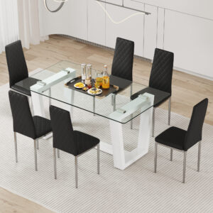Table and chair set.A rectangular dining table features with tempered glass top and sleek white MDF stand.Paried with 6 PU chairs with checkered armless high back and electroplated metal legs.