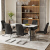 Table and chair set.63"x31.5x30" Luxurious Snow Mountain Patterned Sintered Stone Table with Silver Stainless Steel Butterfly Legs.Paried With 6 Black High-quality PU Chairs With Arched Metal Legs.