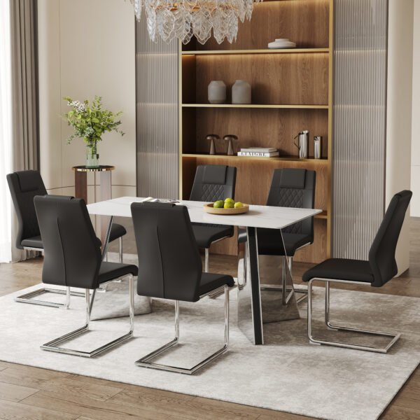 73d1dad6432b4a5cab7ed4d1d7724bdd_c417233d6f90fd321bc9788b26042237 Table and chair set.63"x31.5x30" Luxurious Snow Mountain Patterned Sintered Stone Table with Silver Stainless Steel Butterfly Legs.Paried With 6 Black High-quality PU Chairs With Arched Metal Legs.