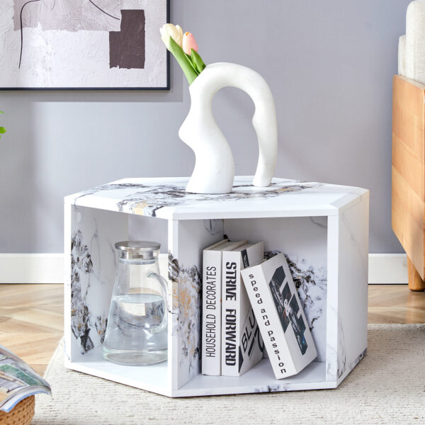 73e21c3c1cc54dfdb79dc66cfc4ab48b_5e0344a67dd7530a07ca0505c74ab5c6 Hexagonal MDF coffee table, characteristic pattern stickers, multi-hole design to give more storage space, simple and convenient design makes it suitable for all kinds of style scenes.