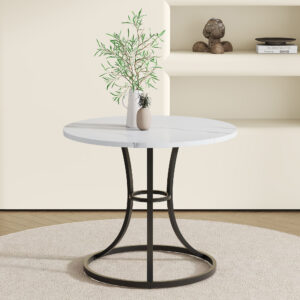 A Modern Minimalist Circular Dining Table With A Diameter Of 33.3 Inches, An Elegant And Practical Choice.White Marble Textured Pattern Desktop, Paired With Uniquely Shaped Metal Leg.
