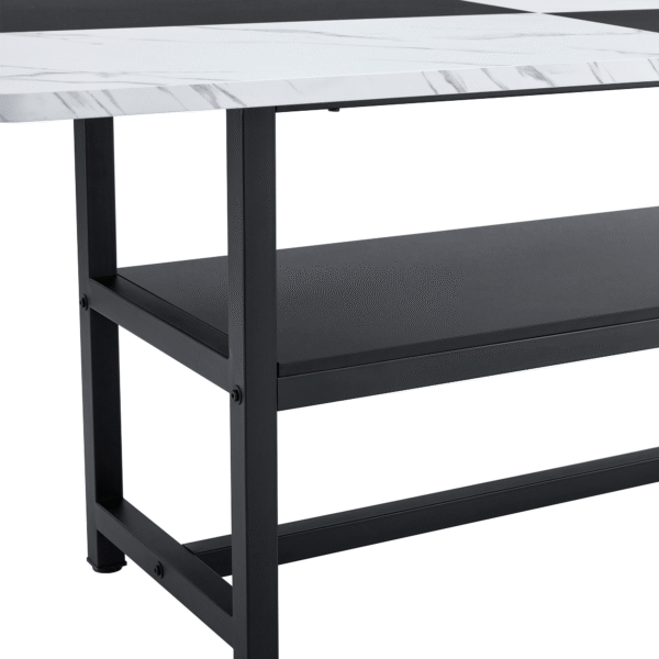 Table and chair set.71*35.4 inch White And Black Spliced Dining Table With Storage Function In The Middle Of The Table Legs.Paired With 8 Light Gray Linen Dining Chairs With Curved Widened Cushion.