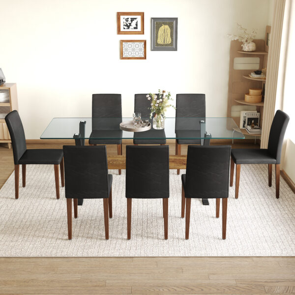 73f2d0c86db349a38aa0ee6207ab0c5e_630e17c69cf20df5131b48248283b688 Table and chair set.79"x31.5" Inch Tempered Glass Tabletop With X-shaped Black Metal Table Legs,Wood Grain Textured MDF Crossbeam.Paired With 8 Black PU Dining Chairs with Walnut Color Metal Leg.