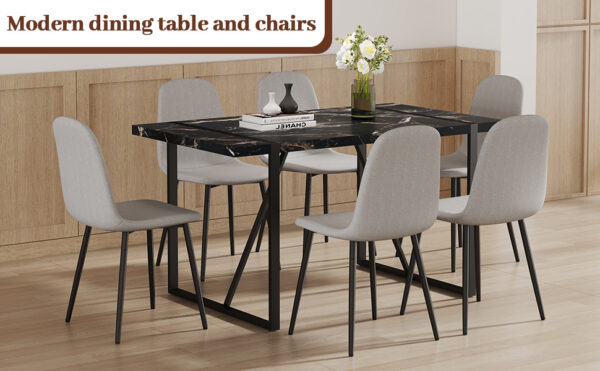 7422a227f9e64069ba131c03ce36b496_9f9ae25b5d33535e1ef9e55eb98e718f Table and chair set.Modern Black Marble Pattern MDF Dining Set - 55"x31.4" with 6 Light Gray Linen Fabric Chairs.Iron Pipe Spraying Chair Legs.Suitable for kitchen,Dining room,etc.