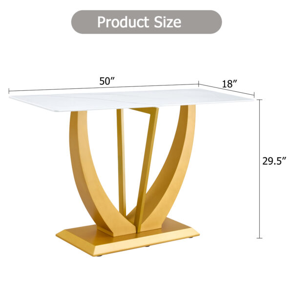 Modern and simple rectangular glass dining table in white with a pattern, 0.39 "white top and gold legs, suitable for entrance and living room.