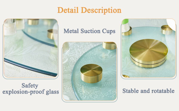 743d2b53b68e4ea4b0be0d06e1ec1b89_7936b2f758219ba74ad05ebb1aefafc4 Double layer rotatable round glass.Golden aluminum plate,The rotatable design makes it convenient to retrieve and place items.The upper glass has a diameter of 20 inches,the lower glass15 inches.