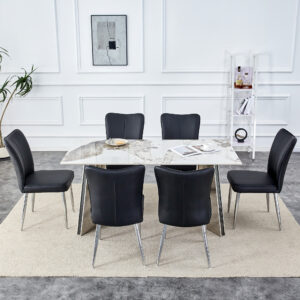 Table and chair set.63"x31.5x30" Luxurious Pandora patterned Sintered Stone Tabletop with Silver Stainless Steel Legs.Paried With 6 Black PU Chairs with a vertical stripe design on the backrest.