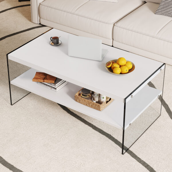 Double rectangular coffee table. The board surface is MDF, with white stickers, and both sides are transparent tempered glass. Suitable for living room, bedroom and other occasions.