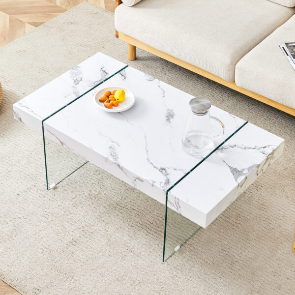746ee7da82304f3c80be1a6c087f919c_5312e9528f71d921c871ba3fc3fbca64 43.3"x23.6" White Marble-Patterned MDF Coffee Table with Tempered glass legs.Suitable for Living Room.It can be used not only as a coffee table but also as a side table or display stand.