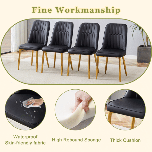 Table and chair set.A 42 Inch Diameter Modern Minimalist Round Dining Table With Transparent Tempered Glass top And Golden Metal Legs,4 Black Chairs With PU Backrest And Seat Cushion.