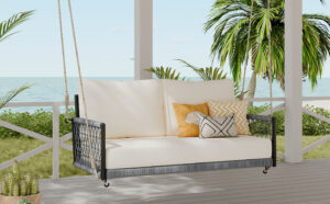 TREXM 1-Piece Woven Rope Outdoor Swing Sofa with Soft Cushions Seating 2 for Patio, Courtyard and Balcony (Beige)