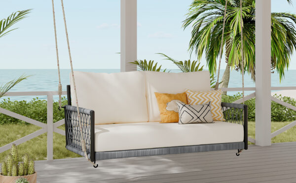 TREXM 1-Piece Woven Rope Outdoor Swing Sofa with Soft Cushions Seating 2 for Patio, Courtyard and Balcony (Beige)