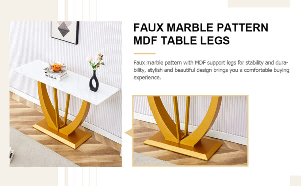 Modern and simple rectangular glass dining table in white with a pattern, 0.39 "white top and gold legs, suitable for entrance and living room.