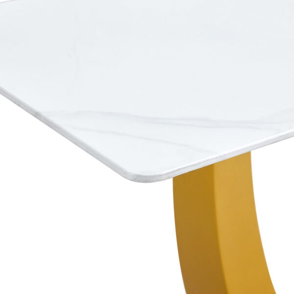 Modern and simple rectangular glass dining table in white with a pattern, 0.39 "white top and gold legs, suitable for entrance and living room.