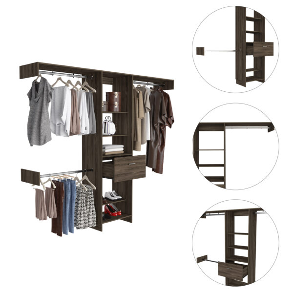 Plantilla Detalles y Medidas_USA Cross Closet System, One Drawer, Three Metal Rod, Five Open Shelves