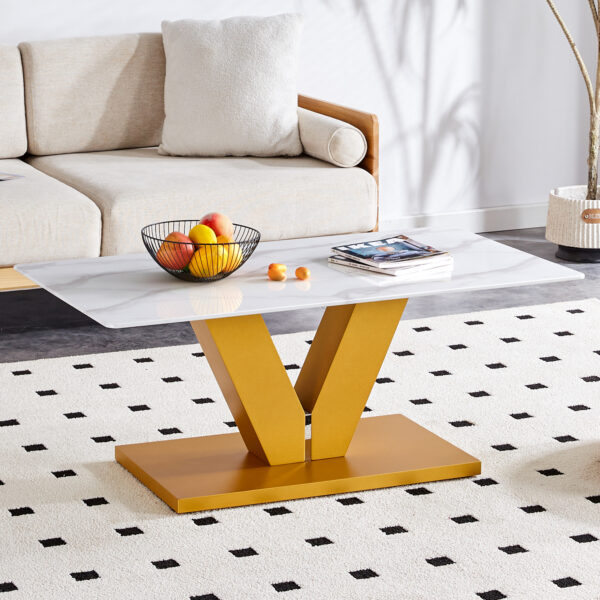 74d180e4ae1f4d95821faa6f05b443c0_3943781920727fdee20b6fdc7ec7f050 Modern minimalist coffee table. Tempered glass with stickers tabletop,golden MDF pillars. Suitable for living room and dining room