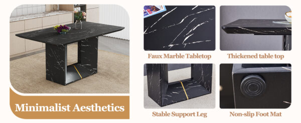 Table and chair set.Black Marble Pattern MDF Dining Table Set - 63"x35.4" with 4 Light Gray Linen Fabric Chairs.Integrated Seat and Backrest,Linen-Cotton Material.Suitable for kitchen,Dining room,etc.