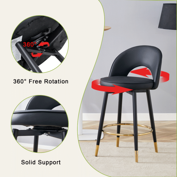 750dab2e034c4570abddf785ddcd2a59_c0f51511557601370f52c0e536807645 360 ° rotatable bar chair.Modern PU comfortable upholstered bar chair with smooth and beautiful black metal legs for dining room, kitchen, terrace and guest office chair.Set Of 2.W1151P153939