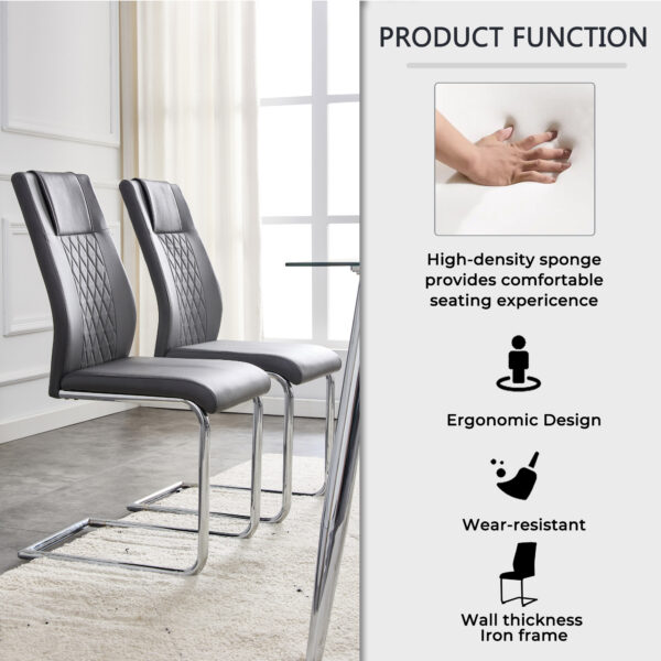 7510129ed28d49358317db98e2edaa6e_ffcf71bae7a1ccb8f391ac880a2628fa Table and chair set.Modern Luxurious white Marble-Patterned Tempered Glass Dining Table with 8 Chairs.Single fork silver metal table legs.Dark Gray PU dining chairs with silver metal legs.
