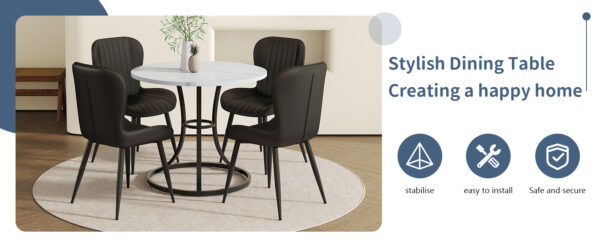 75117156099b4c50bd6e4474df79854b_3eb0bde90b5c4bb694f4a22b0dea362c Table and chair set.A Modern Minimalist Circular Dining Table With A Diameter Of 33.3 Inches.Paired With 4 Black Minimalist Ergonomic PU Dining Chairs With Extended And Curved Seat Cushions.
