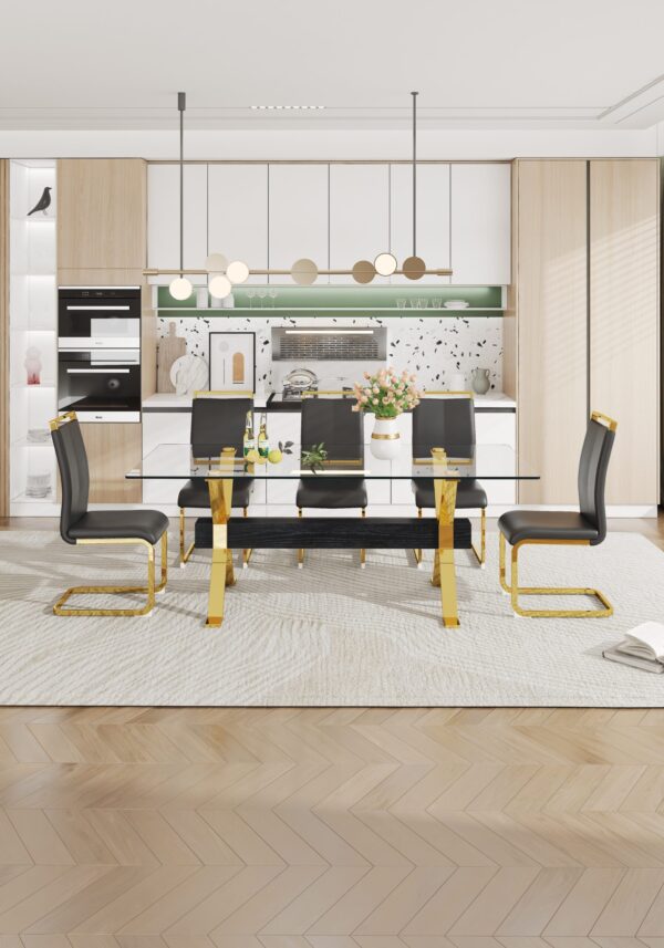 756e5e84f7f84d6d8a35d51afb5519c3_20230727_a418cf0305f611ed6073547a204737a2 Dining table. Modern tempered glass dining table. Large modern office desk with gold plated metal legs and MDF crossbars, suitable for both home and office use. Kitchen. 79 ''x39''x30 '' 1105