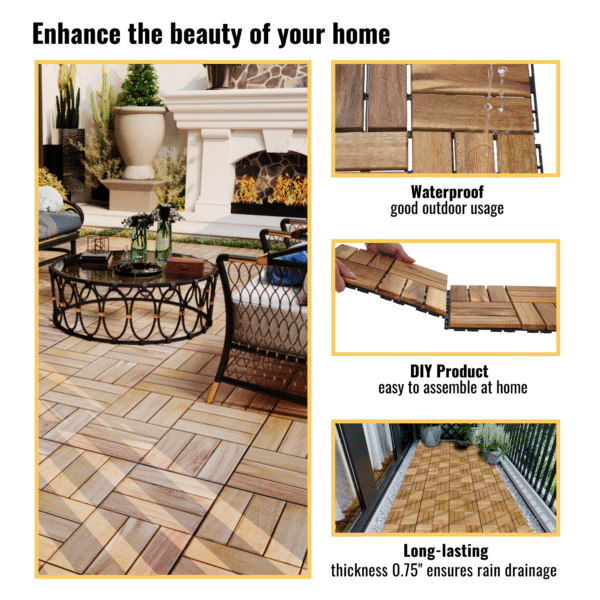 30 PCS Interlocking Deck Tiles Checker Pattern, 12" x 12" Square Yellow Acacia Hardwood Outdoor Flooring for Patio, Bancony, Pool Side,...