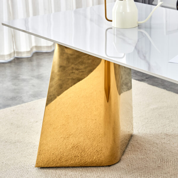 758d0e9dfe4d4af6ac3cfc15c0a96524_c9d24f0c723872dde8edcd0c35980b5e 63"x31.5x30" Luxurious Snow Mountain Stone Slab Dining Table with Golden Stainless Steel Butterfly Legs.The tabletop is designed to be scratch and heat resistant.Slabs Tabletop,
