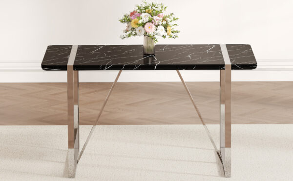 759297d3b94a419881810b11cc9f604a_06ce4bff1be3d4c7a9ef72162b049f2a A rustic industrial rectangular MDF black dining table for 4-6 people, with a 1.5 "thick MDF desktop and electroplated metal legs, used for writing tables, kitchens, terraces, dining rooms55"*31.5*30