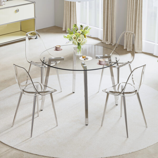 Modern minimalist style circular transparent tempered glass table, tempered glass tabletop, silver metal table legs, suitable for kitchen, dining room, and living room, 42 "* 42" * 29.5 "1123r