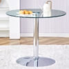 A 35-inch diameter glass top and a modern, minimalist round dining table with silver metal legs. Ideal for dining rooms, living rooms and meeting rooms.