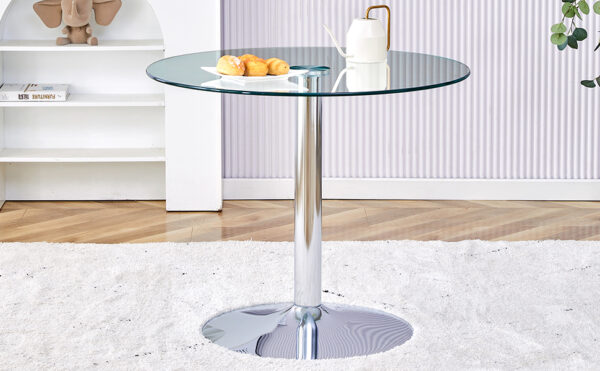 75a28970d4c84232a8bdef3afb52e449_20240320_1e4e39c3731c971258fb1a99be06d929 A 35-inch diameter glass top and a modern, minimalist round dining table with silver metal legs. Ideal for dining rooms, living rooms and meeting rooms.