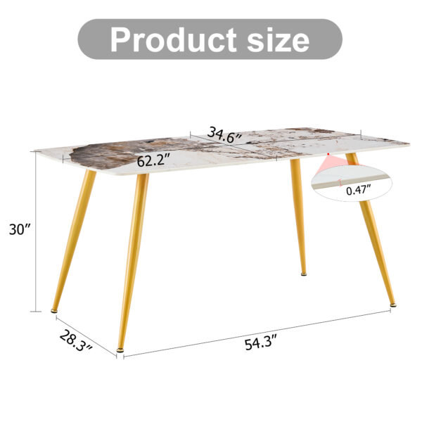 75ae98e837e940cab6f0ba57630259cc_f6b0eb7d39470f71d765d085db762b6c Modern minimalist dining table. White imitation marble pattern SINTERED STONE desktop with golden metal legs.62.2"*34.6"*30" F-001