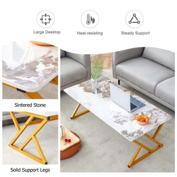 75b3f537a2df46859fbc8c74aaa7541b_37fe66645726ae39a16c239fd18e848a A coffee table is made of rock slab material, with a natural and smooth marble pattern on the surface, which complements the modern design of the golden metal legs and adds a touch of fashion.47*23.6