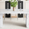 Table and chair set.63"*35.4" White Imitation Marble Pattern MDF Dining Table Set - 4 PU Chair With Black Saddleback, Geometric Pattern Backrest,Silver Curved Metal Leg..Suitable For Various Scenes.