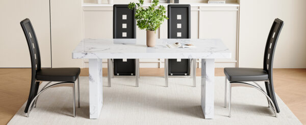 75bb803f20d54f968d7d4cc7440ede88_0d1c4e6f423141b9d2c3fd1c75f45272 Table and chair set.63"*35.4" White Imitation Marble Pattern MDF Dining Table Set - 4 PU Chair With Black Saddleback, Geometric Pattern Backrest,Silver Curved Metal Leg..Suitable For Various Scenes.