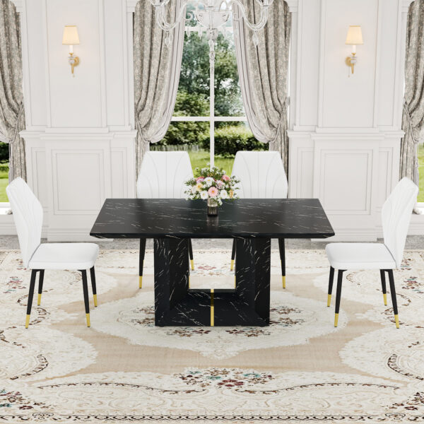 Table and chair set.Black Marble Pattern MDF Dining Set - 63"x35.4" with 4 White PU Chairs With a Widened Backrest Design.Giving you a luxurious feel.