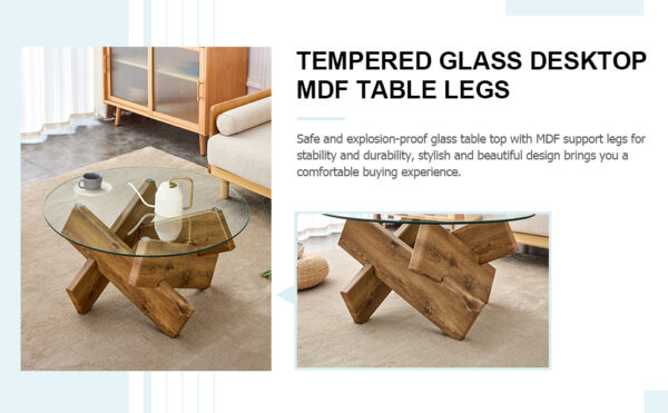 Circular glass coffee table, 33.4-inch modern and distinctive design tea table. Tempered glass countertop, wood colored MDF table legs. Suitable for living rooms and farmhouses