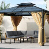 TREXM 10'x12' Hardtop Outdoor Gazebo, Heavy Duty Double Roof Patio Gazebo with Aluminum Frame, Double-Layer Side Walls Mosquito Netting & Privacy Curtains for Patio, Garden, Backyard (Beige)