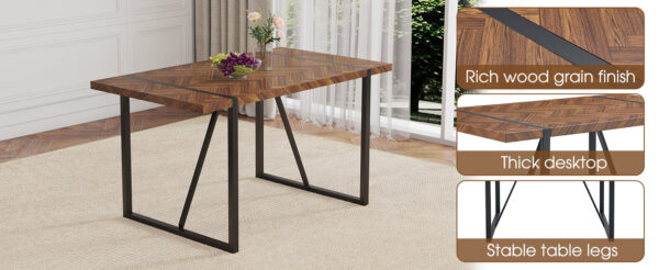 760a9442945647b2bba7cb8bdaf4e97c_e2644ac4c742afa2cee89f3cc3a2a419 A minimalist retro rectangular dining table with a specially textured top and black metal legs.Contemporary Minimalist MDF Dark Wood Textured Tabletop.Able To Give People A Visual Beauty With Rules.