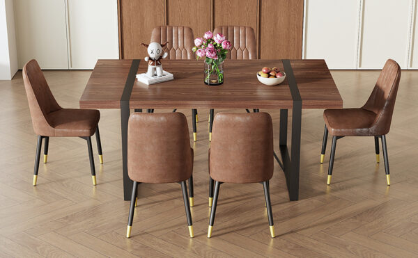 76139c35e49445c19f782311552bc6c3_32cc018d35ef44bac0a2349d7c116ac4 Table and chair set.Industrial Style Walnut-Colored Rectangular Dining Table - 71"x39.3" Large Size.Paired with 6 Brown Suede Chairs.Brown armless dining chair,Suitable for kitchen,Dining room,etc.