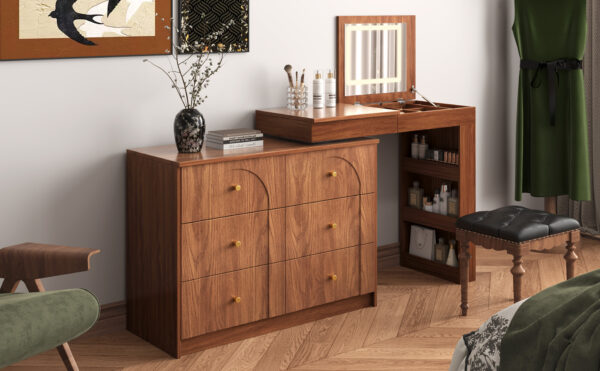 Vanity Desk with Mirror and Lights, Makeup Vanity Table with Flip-Top Tabletop and Storage 7 Drawers, 9 Compartments, 3 Shelves, 3 Color Modes Adjustable Makeup Table for Bedroom, Walnut