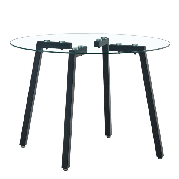 764cf8908e4a472a9e4dcd0c503181cd_20240207_f60c7198f42da3f849913c31dba42cb4 Modern simple style round transparent tempered glass table, tempered glass table top, black metal legs, suitable for kitchen, dining room and living room, 40 "*40" *29.5 "1123r