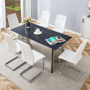 Table and chair set.63"x31.5x30" Black Marble-Patterned Slabs Tabletop with Stainless Steel Butterfly Legs.Paried with 6 White high-quality PU chairs with silver metal legs.