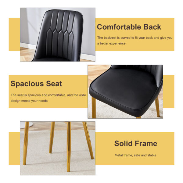 76587da80a6146f9be4a738b6327a215_fd4b5ddbe8cf4f82829d230a7210b746 Table and chair set.63"x31.5x30"Black Texture With Lines Patterned Sintered Stone Table with Golden Stainless Steel Legs.Paried With 4 Black PU Chairs with Simple Line Designs On The Backrest.